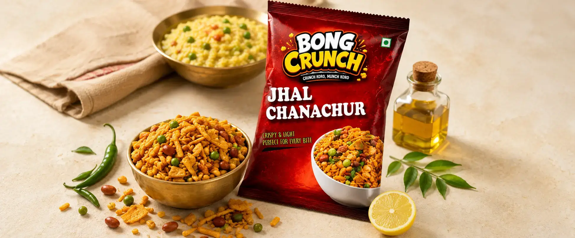 The Bong Crunch range with bowls of chanachur, sev and roasted chana
